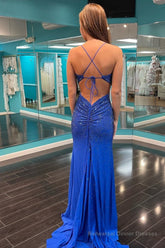 Beading Royal Blue Mermaid Prom Dress with Slit
